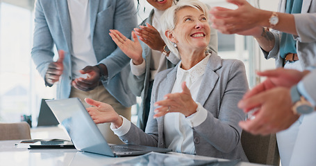 Image showing Success, laptop or happy senior manager winning a job promotion after meeting sales kpi target or goals. Applause, wow or mature woman smiles with pride for business deal news or winners achievement