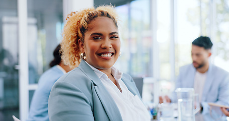 Image showing Business woman, portrait or leadership for office meeting, boardroom training or diversity teamwork in collaboration. Smile, happy or corporate manager in global finance company for strategy planning