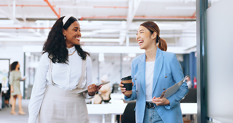 Image showing Office communication, walking and diversity women talking about funny company news, partnership or collaboration. Coffee friends conversation, tablet and black woman and Asian girl in chat discussion