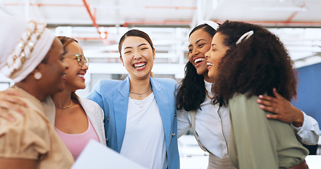 Image showing Business team, celebration of teamwork with women for collaboration, project management and team building in a office. Diversity female employees with motivation for success