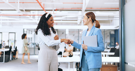 Image showing Business women, hand shake and high five for success celebration in office. Sequence, group teamwork or partnership of female friends or employees walking, talking and shaking hands for collaboration