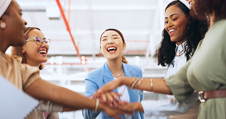 Image showing Business team, hands together and celebration of teamwork with women for collaboration, project management and team building in a office. Diversity female employees with motivation for success