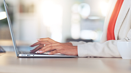 Image showing Professional paralegal or attorney typing legal advice and drafting digital business emails to clients with an online software app. Female lawyer writing a report on a laptop at a corporate law firm