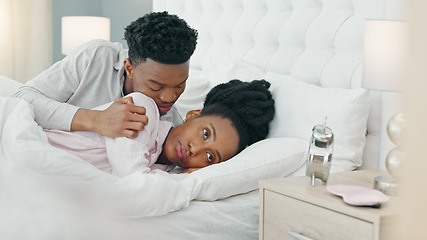 Image showing Couple in bedroom after fight, frustrated black woman and man comfort young angry girl. Home together, sad argument and ignore relationship problem. Stress from mistake, risk divorce or breakup