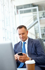 Image showing Ceo, mature businessman with smartphone and company communication or social media, working with laptop and coffee. Contact, online and email with networking and worker and professional man