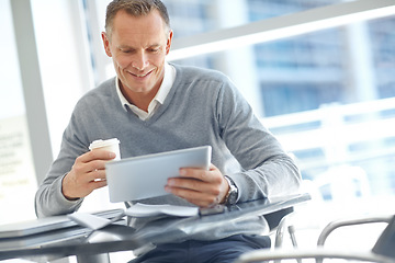 Image showing Happy, corporate or businessman with tablet for invest strategy, finance growth or financial review. Coffee, smile or employee in office for collaboration, data analysis or economy data research