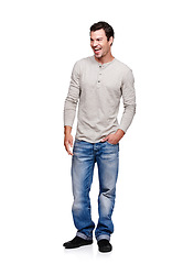 Image showing Fashion, style and man on a white background with smile standing in trendy, stylish and modern clothes. Happy, confidence and male fashion model isolated in studio with casual, retro and urban outfit