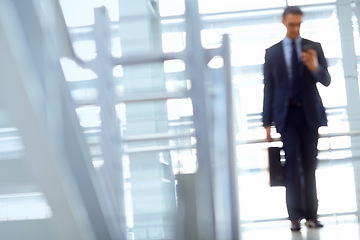 Image showing Blurred, travel or business man with phone for invest strategy, finance growth or financial review. CEO, airport or manager with smartphone for planning, data analysis or economy data web research