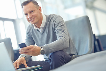 Image showing Portrait, corporate or business man with phone for invest strategy, finance growth or financial review. Smile, airport or manager with smartphone for planning, data analysis or investment research