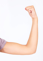 Image showing Woman, arm or flexing muscle on studio background for female empowerment, human rights or gender equality. Zoom, model or strong bicep in power, motivation or freedom strength fist on mockup backdrop