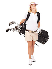 Image showing Golf, fitness and woman with clubs in a studio for exercise, training or golfing motivation. Sports, athlete and female golfer with a confused expression holding equipment by a white background.