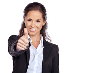 Image showing Woman, corporate and studio portrait with thumbs up, smile and success by white background. Isolated executive, business leader and hand sign for goals, innovation and agreement with company vision