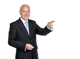 Image showing Happy, portrait and businessman pointing at mockup space for a marketing, advertising or product placement. Mock up, corporate and elderly male model point finger while isolated by a white background