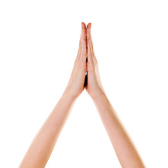 Image showing High five, studio and people hands for success, teamwork or support isolated on white background on marketing space. Prayer, faith and palm together sign or emoji on advertising mock up for winner