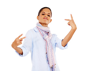 Image showing Portrait, attitude and woman with peace sign in studio isolated on a white background. Face, expression and hand gesture, or emoji of female model from India in stylish, designer and cool scarf.