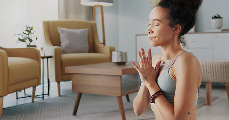 Image showing Meditation, pilates and home yoga for black woman working on spiritual chakra peace, freedom of the mind and zen mindset. Body health, wellness lifestyle and relax girl training on living room floor