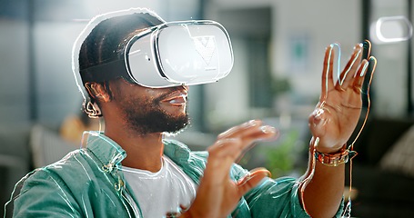 Image showing Virtual reality, vr metaverse and black man work on cyber dashboard, augmented reality or ai software. Digital transformation, future headset and creative graphic designer with futuristic simulation