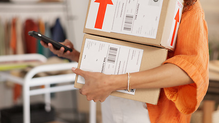 Image showing Box, ecommerce and black woman small business owner packing orders for shipping and delivery in her office, happy and cheerful. Startup, retail and store worker prepare package, parcel and boxes