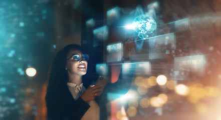 Image showing Woman, tech overlay and phone in office for finance research, data analytics or digital job in night. Cybersecurity expert, fintech or happy in dark workplace with 3d hologram abstract in programming