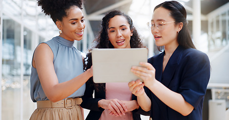 Image showing Tablet, walking and business women communication, marketing strategy and website planning in diversity. Digital technology, startup teamwork and creative employees review design, feedback and ideas