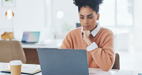 Image showing Face, black woman or worker in office building working on hr administration with a happy smile at office desk. Portrait, focus or African employee writing a mission, mission or goals for success