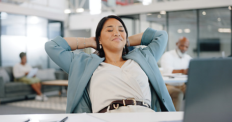 Image showing Relax, success and woman reading an email, communication peace and happy after proposal on a laptop. Smile, complete and employee in business relaxing after finishing a project on a computer