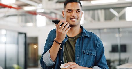 Image showing Startup, walking or happy businessman on a phone call talking, communication or speaking of goals or success. Smile, coffee or employee chatting or networking in a business deal negotiation on lunch