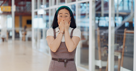 Image showing Wow, surprise and excited with a business asian woman looking shocked by putting her hands on her face in expression. Portrait, emoji or motivation with a female employee feeling shock frim good news