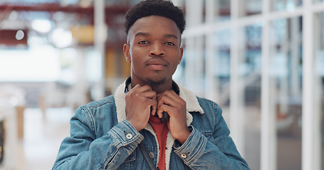 Image showing Face, black man and worker in office building with music, feeling power, independent and empowered at new job. Portrait, worker and man with vision for success, attitude and mindset at corporate job