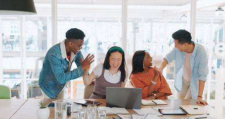 Image showing Celebration, laptop and business people high five, applause and celebrate goals, targets or achievement. Teamwork, winner and group collaboration of employees on pc clapping and celebrating success.