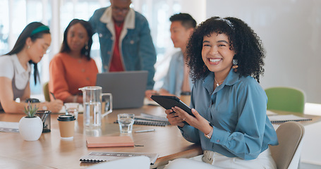 Image showing Face, leadership and black woman with tablet in meeting for advertising or marketing strategy. Ceo, boss and female entrepreneur with touchscreen for internet browsing, email or research in office.