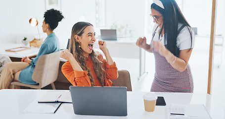 Image showing Success, fist bump or happy employees with a handshake in celebration of digital marketing sales goals at office desk. Laptop, winner or excited women celebrate winning an online business deal at job