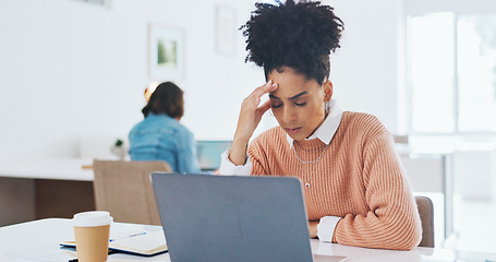 Image showing Business, stress and woman with laptop, tired and overworked in office, burnout and stress with mental health. Female, girl and administrator with fatigue, frustrated and online work for schedule.