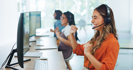 Image showing Call center team, dance and happy celebration for customer support success, employee achievement or telemarketing communications winner. Crm women, happiness and dancing to celebrate victory bonus