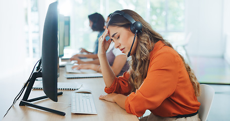 Image showing Stress, headache and burnout woman at call center, feeling tired or exhausted. Mental health, anxiety or female sales agent, consultant or telemarketing employee with depression or migraine in office