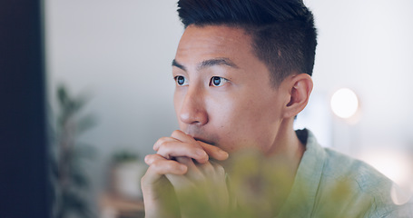 Image showing Thinking, reading and Asian man with idea on computer, corporate email and online communication at work. SEO, website and businessman planning a project on the web with technology in the workplace