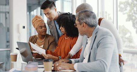 Image showing Team, business people and conversation with laptop, brainstorming for advertising campaign and office. Staff, teamwork and digital analysis for group project, sales growth and collaboration for goal