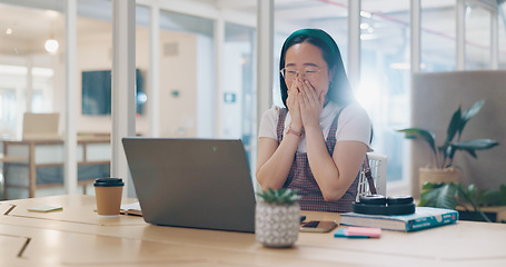 Image showing Asian woman, laptop and celebration fist for company success, creativity goals and happiness in office. Digital marketing achievement, happy or excited employee celebrate for corporate target winner.