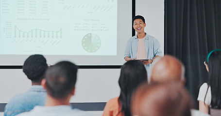 Image showing Presentation, question and asian businessman in digital marketing, data analytics and research on monitor screen for audience. Hand, ideas and Seoul creative business man, leadership and mentorship