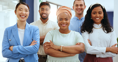 Image showing Leadership, arms crossed and face of business people for teamwork, collaboration and corporate success. Motivation, diversity and portrait of employees with pride, executive and marketing smile