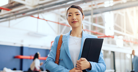 Image showing Business woman, face and corporate architect with architecture plan, building industry and workplace. Professional portrait, success in career with Asian worker at office in Tokyo, smile with pride.