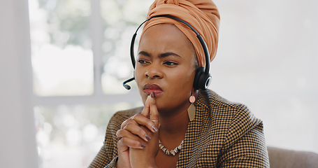 Image showing Customer service, call center and confused black woman in office. Telemarketing, contact us or female sales agent, consultant or employee thinking of solution to problem while consulting in workplace