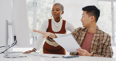 Image showing Leadership, black woman or manager mentoring an employee on SEO digital marketing strategy or feedback. Computer, report paperwork or advertising expert coaching, helping or training Japanese worker