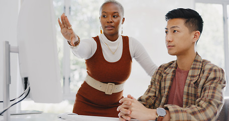 Image showing Leadership, black woman or manager mentoring an employee on SEO digital marketing strategy or feedback. Computer, report paperwork or advertising expert coaching, helping or training Japanese worker