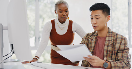 Image showing Leadership, black woman or manager mentoring an employee on SEO digital marketing strategy or feedback. Computer, report paperwork or advertising expert coaching, helping or training Japanese worker