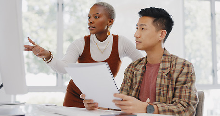 Image showing Leadership, black woman or manager mentoring an employee on SEO digital marketing strategy or feedback. Computer, report paperwork or advertising expert coaching, helping or training Japanese worker