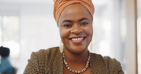 Image showing Happy, smile and face of a professional black woman with a positive mindset in a corporate office. Management, leader and portrait of a African female business manager standing in her workplace.