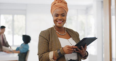 Image showing Business woman face, tablet or office boardroom for digital marketing management, teamwork meeting schedule or kpi data analysis. Portrait, smile or happy creative designer on advertising technology