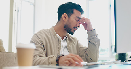 Image showing Computer, headache and face of businessman stress over bad investment, stock market crash or financial economy crisis. Burnout, migraine and crypto trader with forex, bitcoin or NFT trading mistake