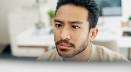 Image showing Asian man, face thinking and idea with computer, planning and brainstorming for success in programming. Tech startup worker, executive focus and solution with innovation by desktop pc in workplace